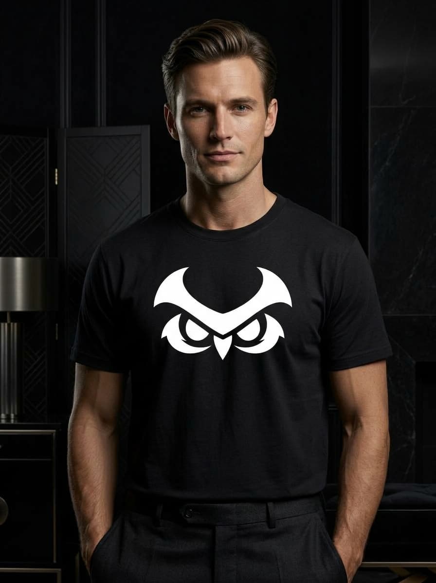 Model wearing a black tee